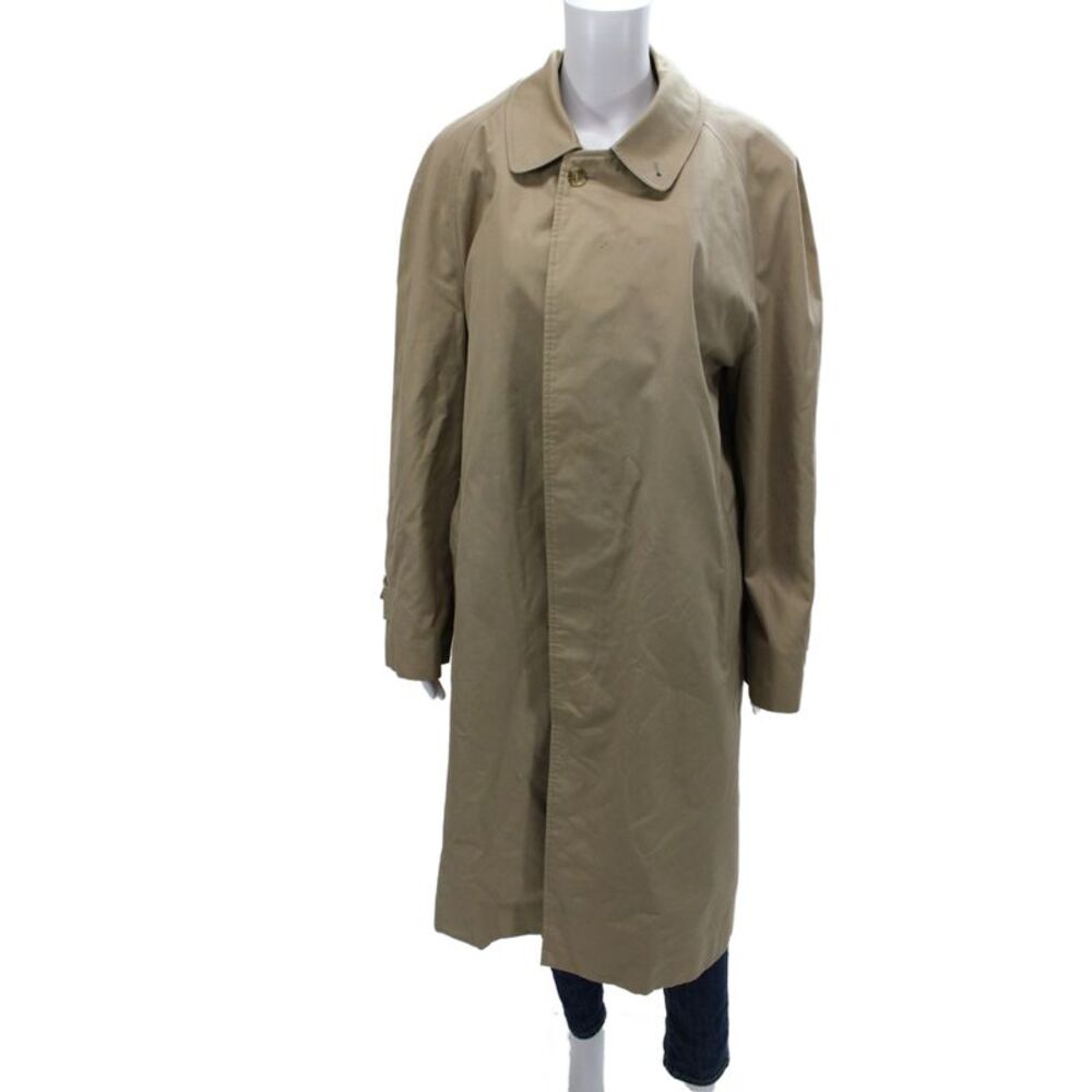 Burberrys Mens Trench Coat Tan Wool Collared Button Size L